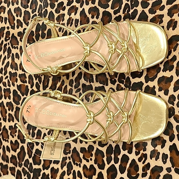 BCBGeneration Gold Strappy Heels Elegant Metallic Design - Picture 2 of 6